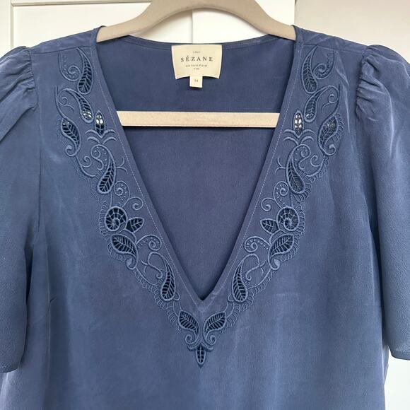 Sezane Women's Navy Minara Embroidered V-Neck Silk Short Sleeve Blouse, 34, EUC - Picture 7 of 7